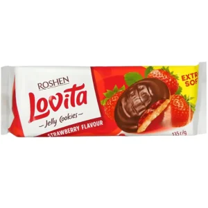 بیسکویت روشن لاویتا با ژله توت فرنگی و روکش شکلاتی Roshen Lovita وزن 135 گرم