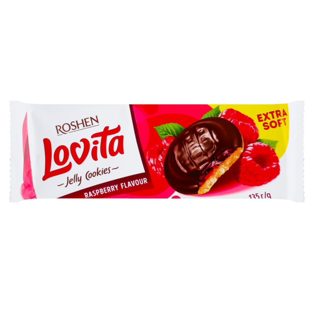 بیسکویت روشن لاویتا Roshen Lovita Raspberry با ژله تمشک و روکش شکلاتی 135 گرم