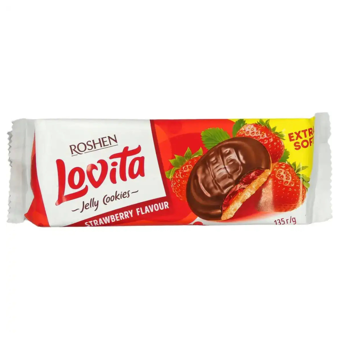 بیسکویت روشن لاویتا Roshen Lovita با ژله توت فرنگی و روکش شکلاتی 135 گرم