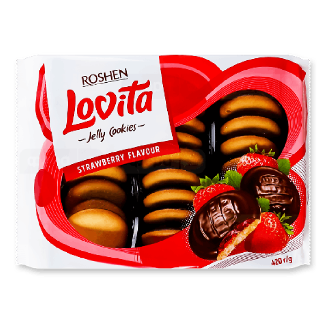 بیسکوییت لاویتا با لایه ژله توت فرنگی و روکش شکلاتی روشن ROSHEN lovita وزن 420 گرم