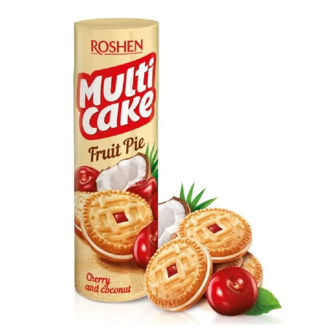 بیسکوییت ساندویچی با کرم توت فرنگی مولتی کیک روشن Multi cake Roshen | وزن 180 گرم