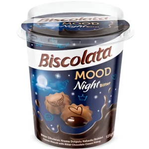 بیسکوییت بیسکولاتا مود لیوانی با مغز کرم شکلات تلخ Biscolata Mood Night Bitter وزن 125 گرم