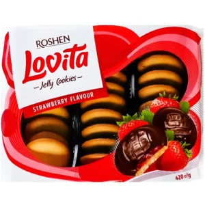 بیسکوییت لاویتا روشن با لایه ژله توت فرنگی و روکش شکلاتی Roshen lovita Jelly Cookies وزن 420 گرم