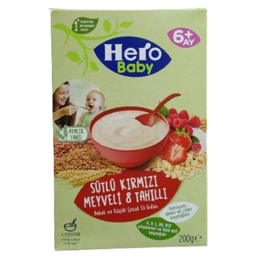 غذای کمکی کودک ارگانیک هیرو بیبی Hero Baby میوه‌ های قرمز به همراه شیر و 8 غله 200 گرم