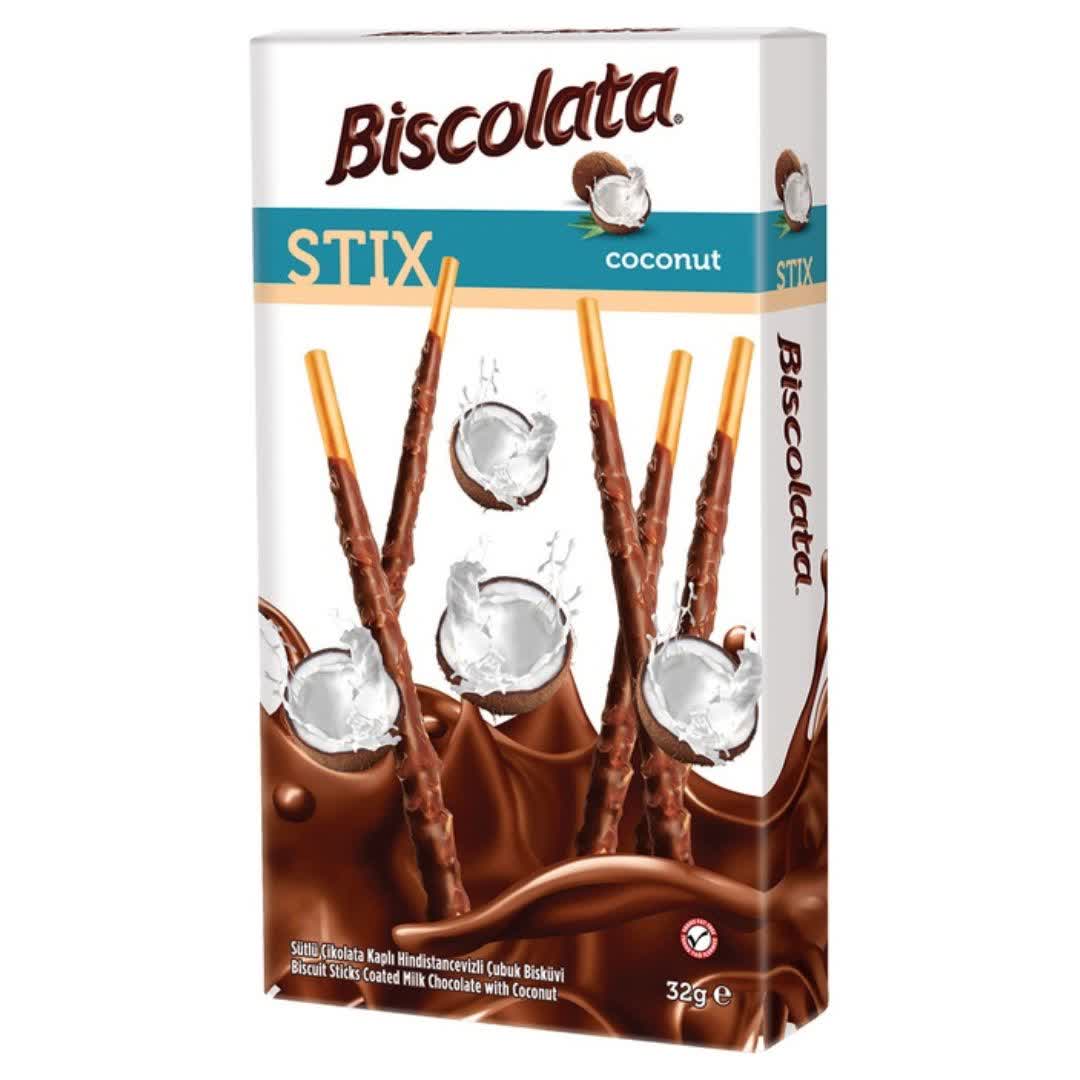 چوب شکلاتی بیسکولاتا استیکس با طعم نارگیل biscolata وزن 34 گرم