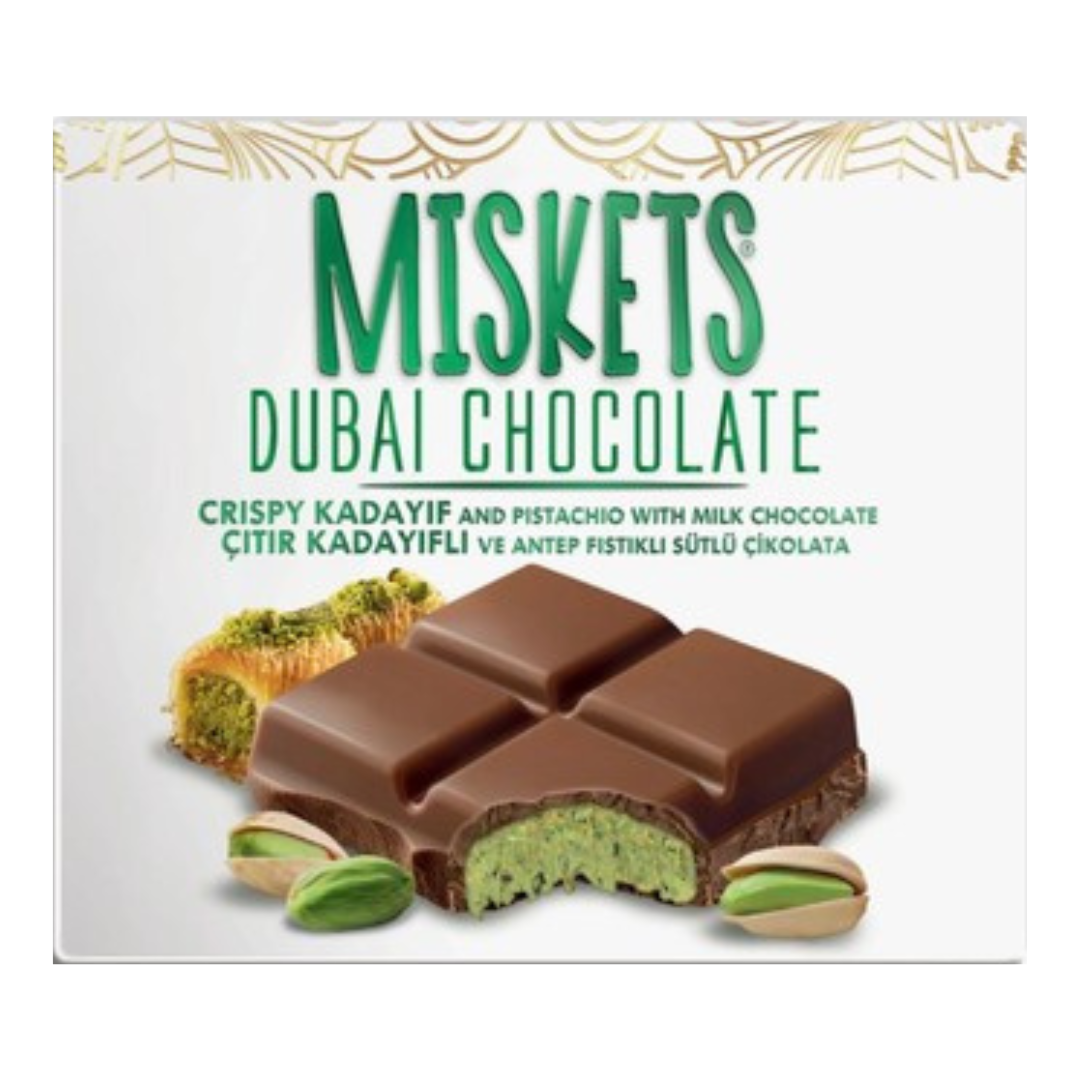 شکلات تخته‌ ای دبی میسکت Misket Dubai Chocolate با مغز کرم پسته ای وزن ۱۲۰ گرم