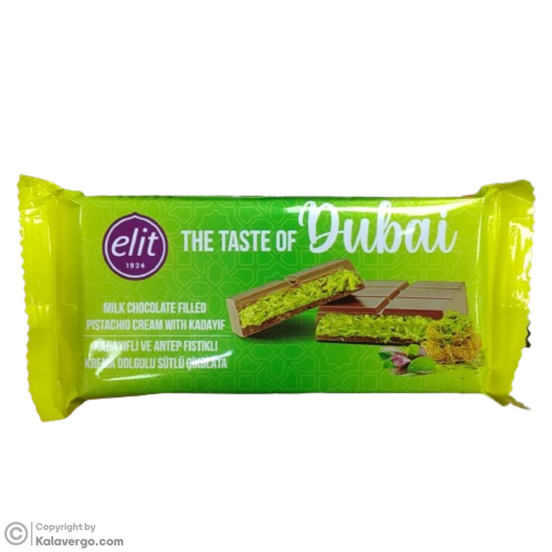 شکلات تخته ای دبی الیت با مغز کرم پسته و کادایف Elit Dubai Chocolate وزن 90 گرم