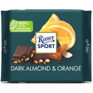 شکلات ریتر اسپورت با طعم تلخ و مغز بادام و پرتقال Ritter Sport Dark Almond & Orange وزن 100 گرم