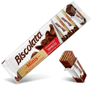 ویفر بیسکولاتا مینیس با روکش شکلات شیری و کرم فندقی Biscolata Minis بسته 18 عددی وزن 117 گرم