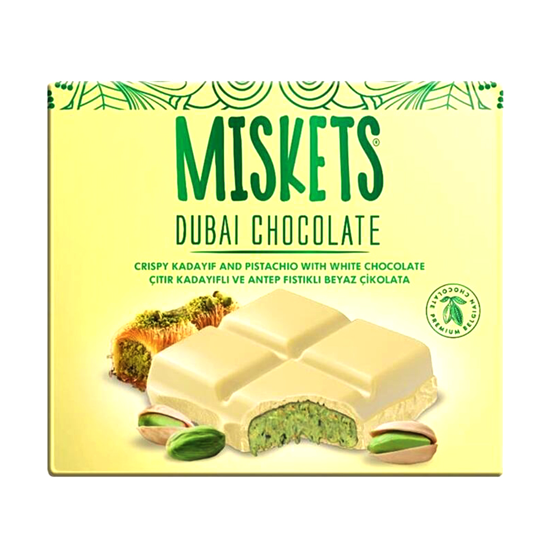 شکلات تخته ای دبی سفید میسکتز با مغز پسته و کادایف Miskets Dubai Chocolate وزن 100 گرم