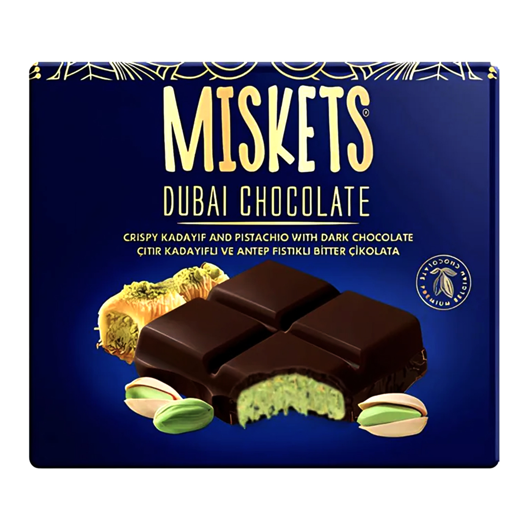 شکلات تخته ای دبی تلخ میسکتز با مغز پسته و کادایف Miskets Dubai Chocolate وزن 100 گرم