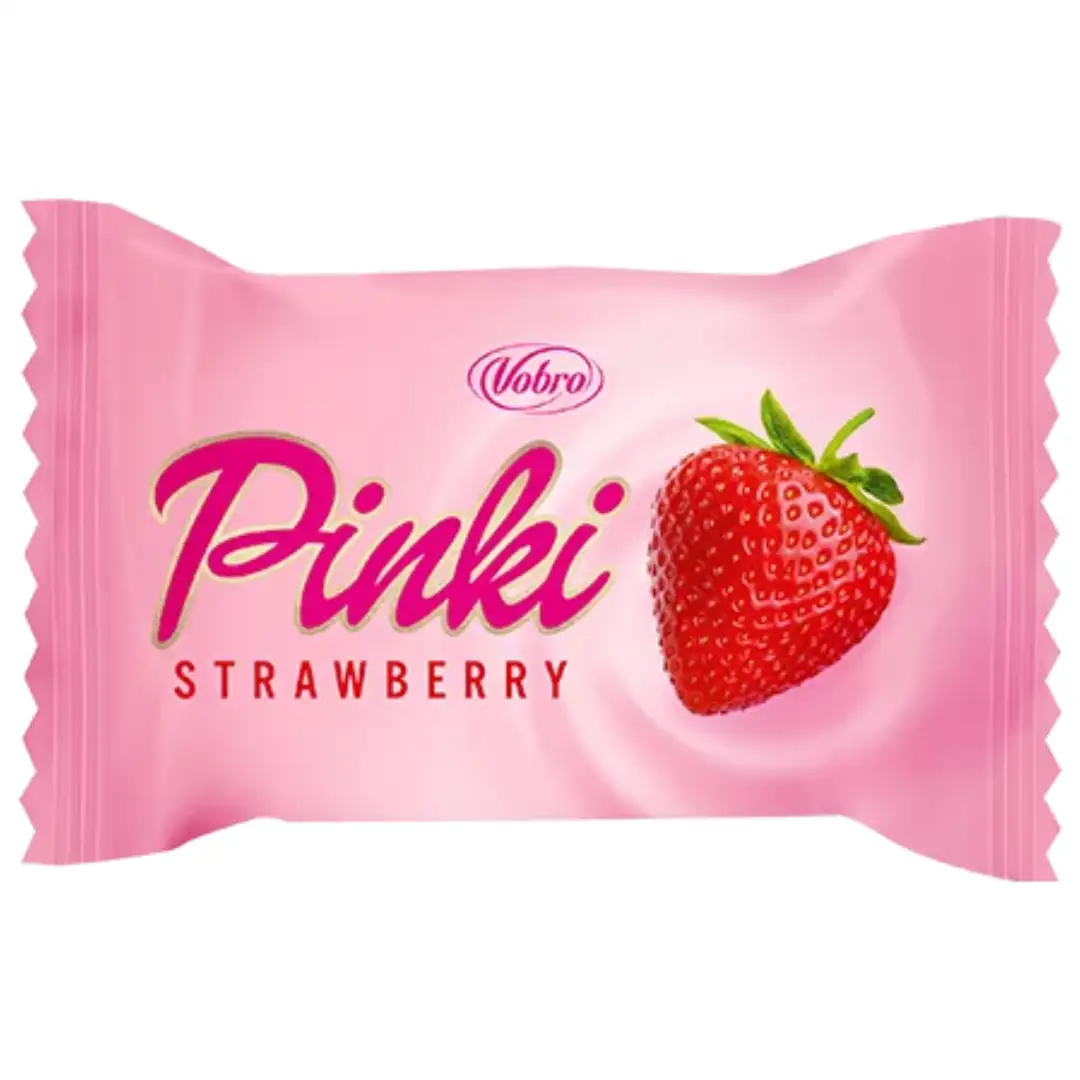 شکلات پینکی وبرو با مغز کرم توت‌ فرنگی و روکش کرم صورتی Vobro Pinki Strawberry بسته 1 کیلویی