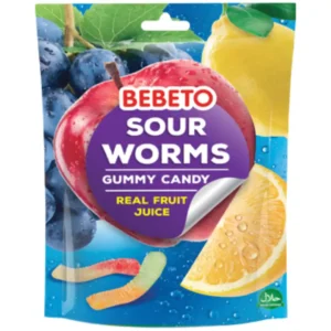 پاستیل کرم شکری ببتو با طعم طبیعی میوه Bebeto Sour Worms وزن 60 گرم