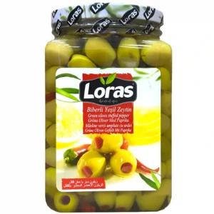 زیتون سبز با مغز فلفل Loras Biberli Yesil Zeytin وزن 1500 گرم