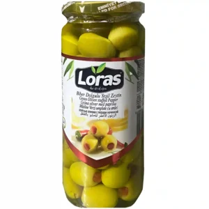 زیتون سبز با مغز فلفل لوراس Loras Biber Dolgulu Yesil Zeytin وزن 730 گرم