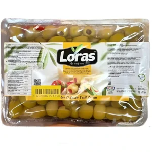 زیتون سبز با مغز فلفل وکیومی لوراس Loras Biber Dolgulu Yesil Zeytin وزن 800 گرم
