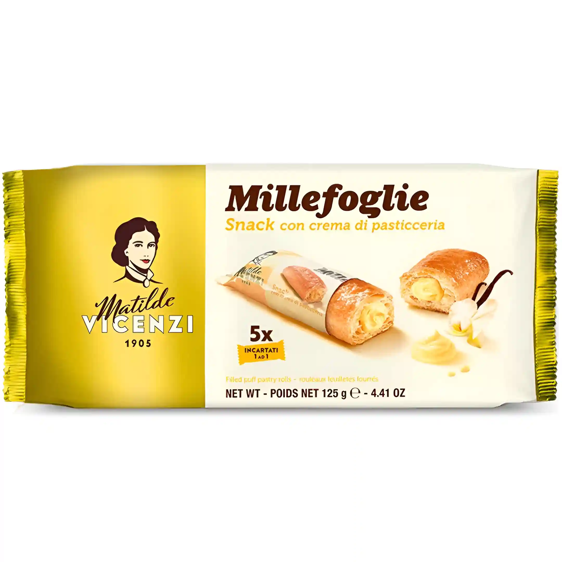 شیرینی پفی مغزدار میله فولیه ویچنزی با مغز کرم وانیلی Vicenzi Millefoglie بسته 5 عددی