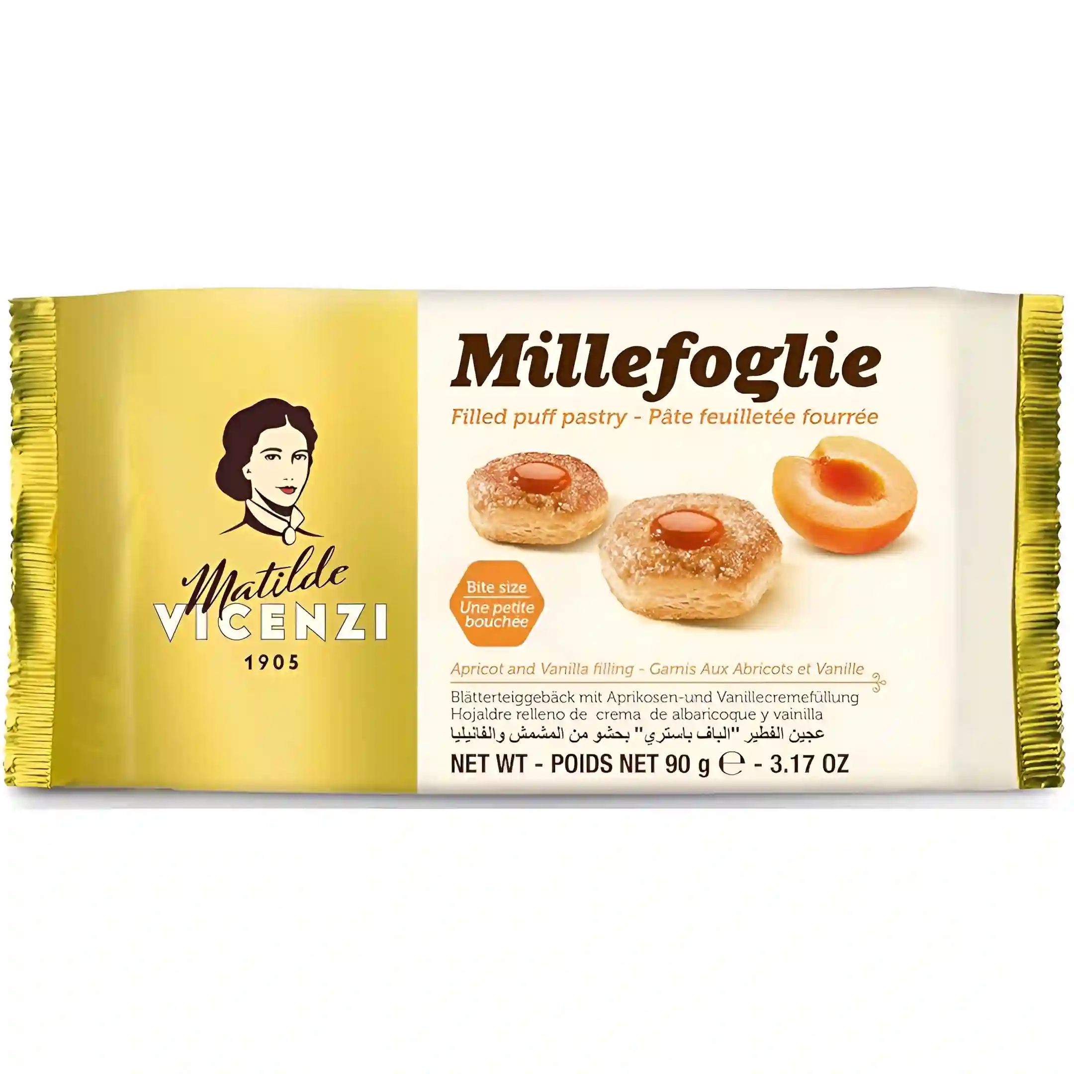شیرینی پفی مغزدار میله فولیه ویچنزی با مغز کرم زردآلو و وانیلی Vicenzi Millefoglie وزن 90 گرم