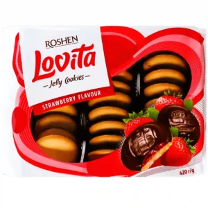 بیسکویت لاویتا روشن با لایه ژله توت فرنگی و روکش شکلاتی Roshen Lovita Strawberry وزن 420 گرم