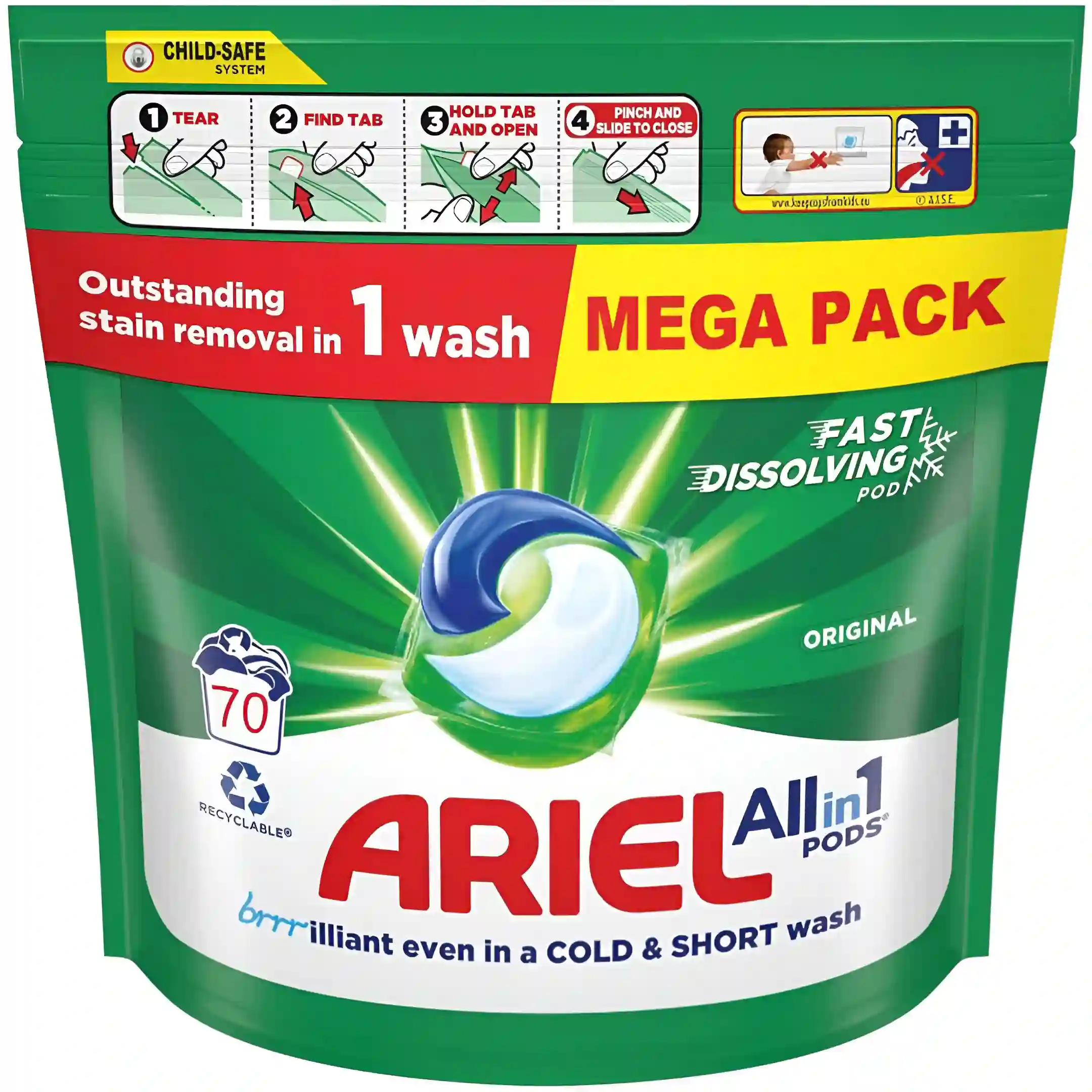 قرص ماشین لباسشویی آریل Ariel All In 1 Pods Fast Dissolving بسته 70 عددی