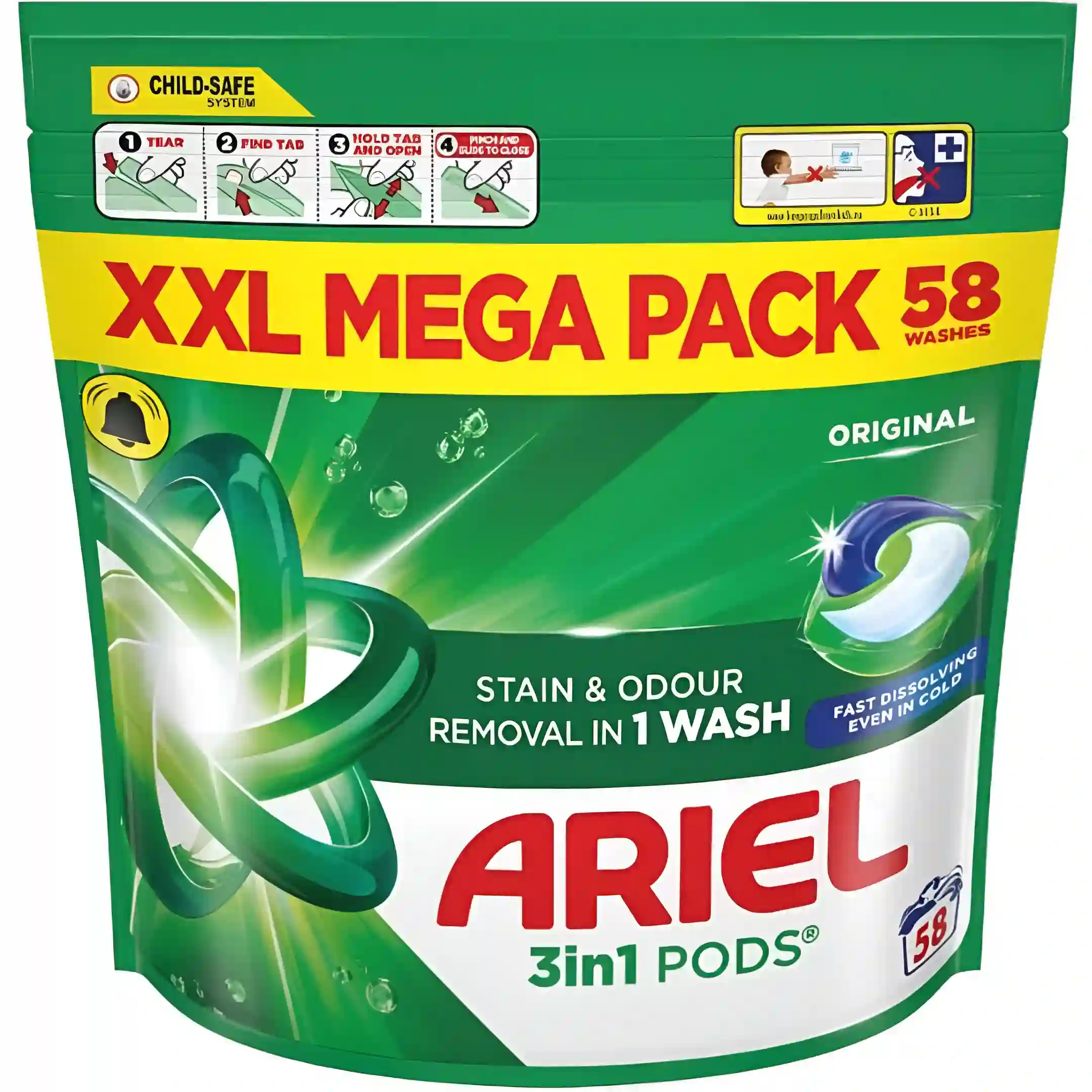 قرص ماشین لباسشویی آریل Ariel 3-in-1 PODS Stain & Odour لکه گیر و بوگیر بسته ۵۸ عددی