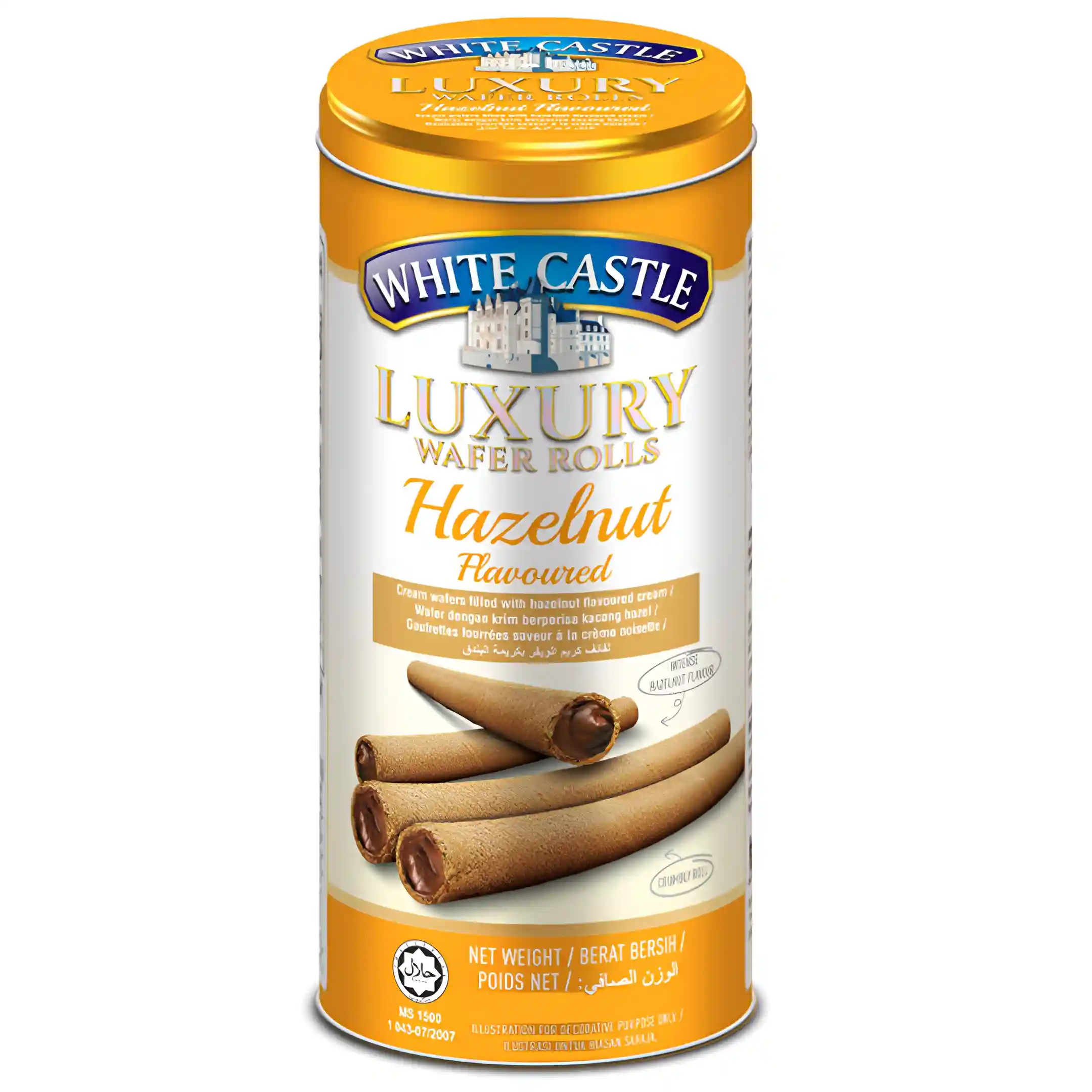 ویفر رولی شوکورول White Castle فندقی قوطی فلزی 300 گرم