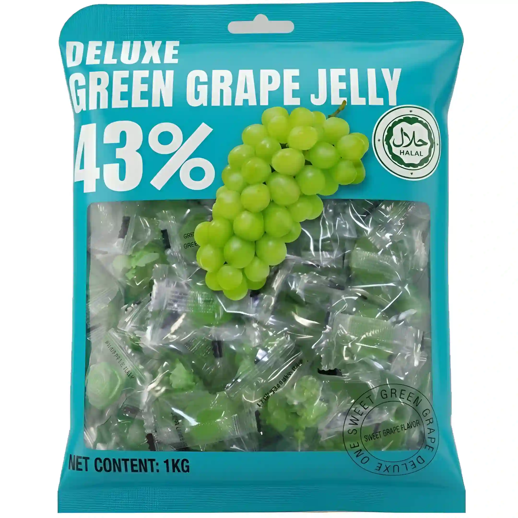 پاستیل دیلوکس Deluxe Green Grape Jelly حاوی 43% میوه طبیعی با طعم انگور سبز شکری بسته 1 کیلویی