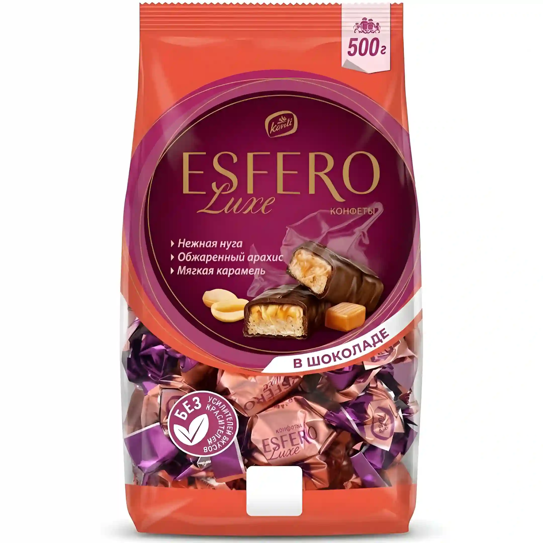 شکلات مغزدار اسفرو لوکس کنتی با نوقای نرم و بادام زمینی برشته و کارامل Konti Esfero Luxe بسته 500 گرمی