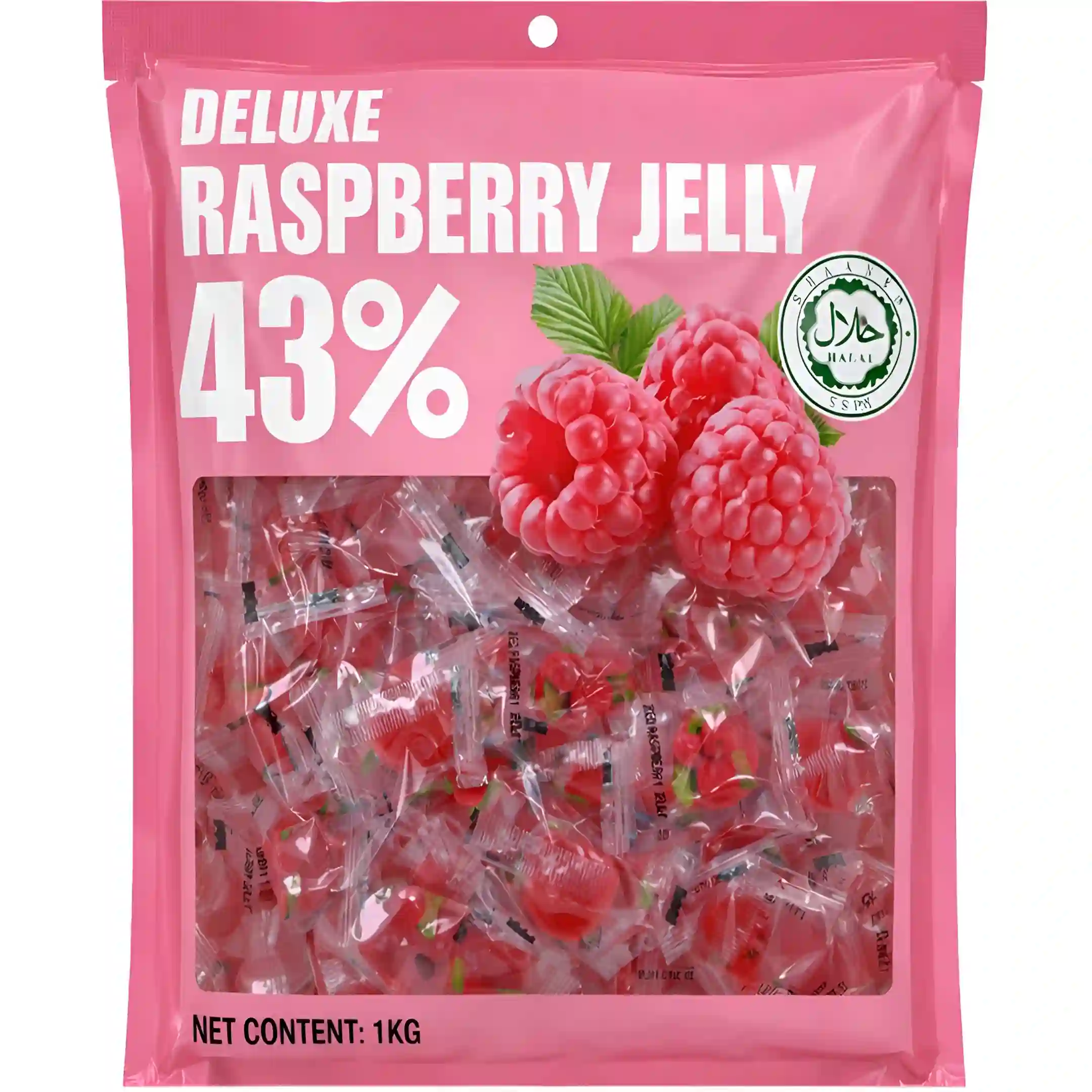 پاستیل دیلوکس Deluxe Raspberry Jelly حاوی 43% میوه طبیعی با طعم تمشک شکری بسته 1 کیلویی