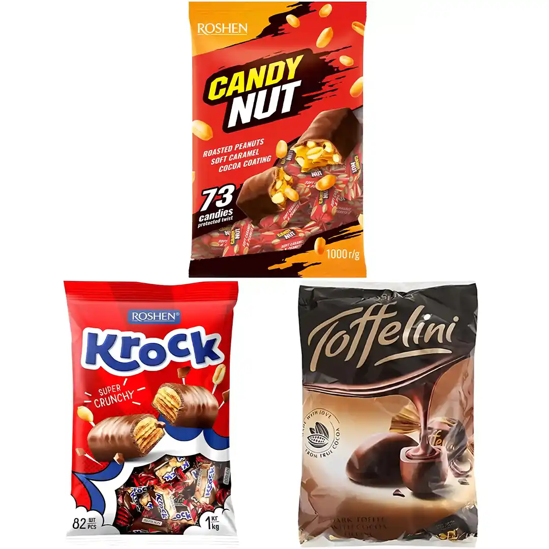 پک میکس شکلات های روشن کراک،تافلینی و کندی نات Roshen با مغزهای کرم بادام زمینی،شکلات تلخ،کارامل و بادام زمینی بسته 1 کیلویی