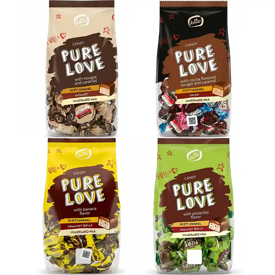 پک میکس شکلات های کنتی Konti مدل Pure Love با طعم های کاکائو،موزی،پسته ای،کاراملی بسته 1 کیلویی