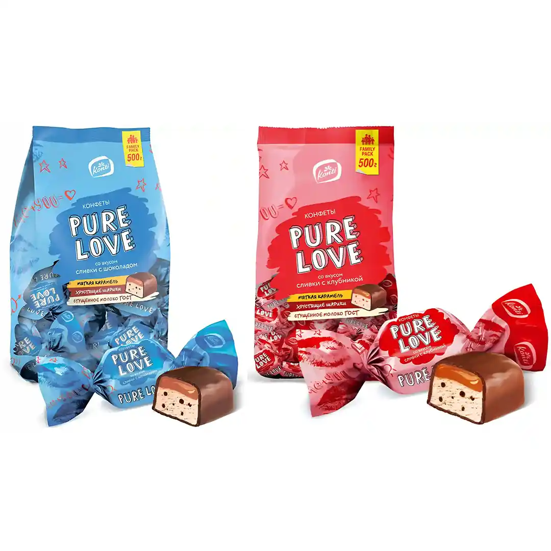 پک میکس شکلات های کنتی Konti مدل Pure Love با کرم های توت فرنگی و خامه،شکلاتی و خامه بسته 500 گرمی