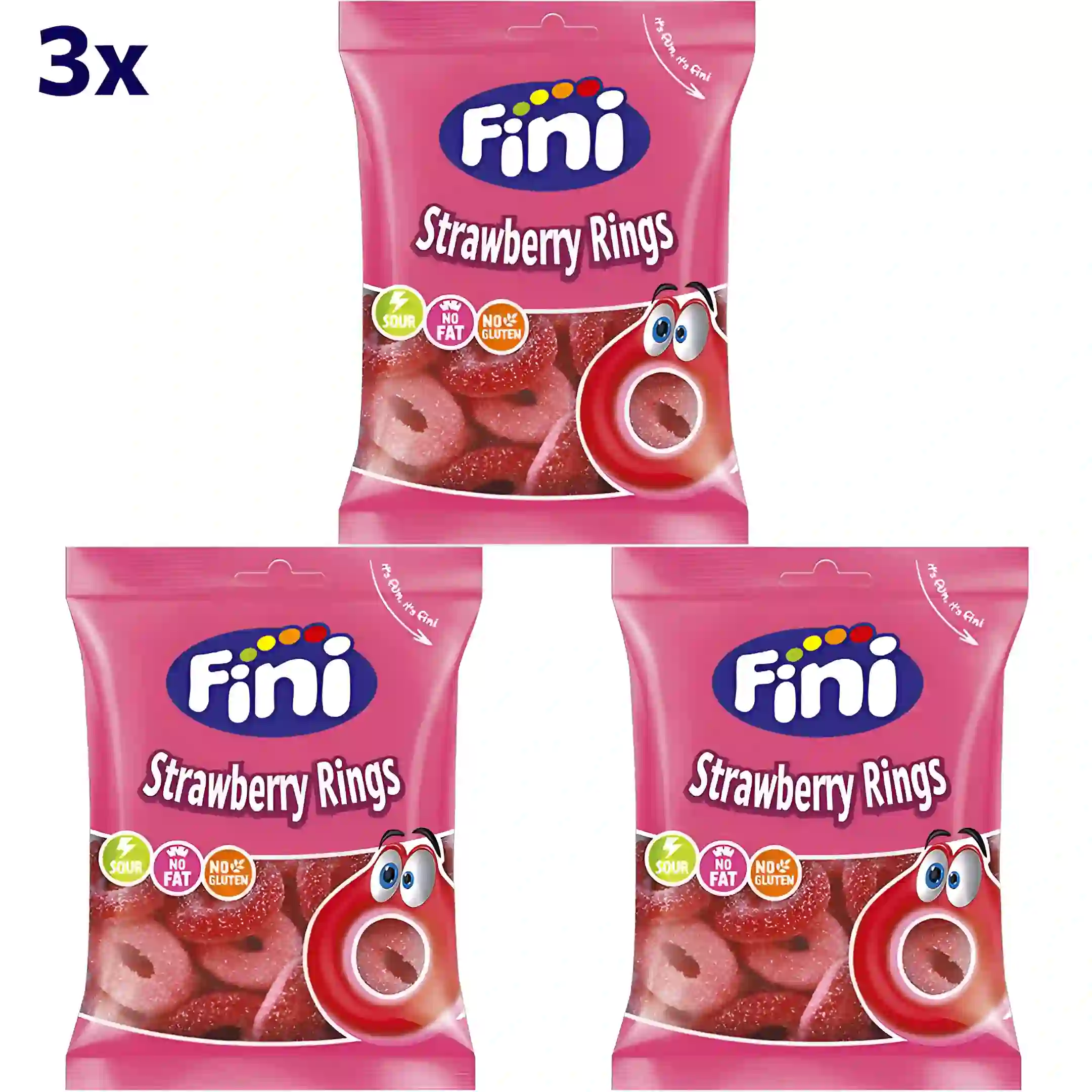 پاستیل حلقه های توت فرنگی شکری فینی بدون گلوتن و چربی Fini Strawberry Rings وزن 90 گرم 3 عددی